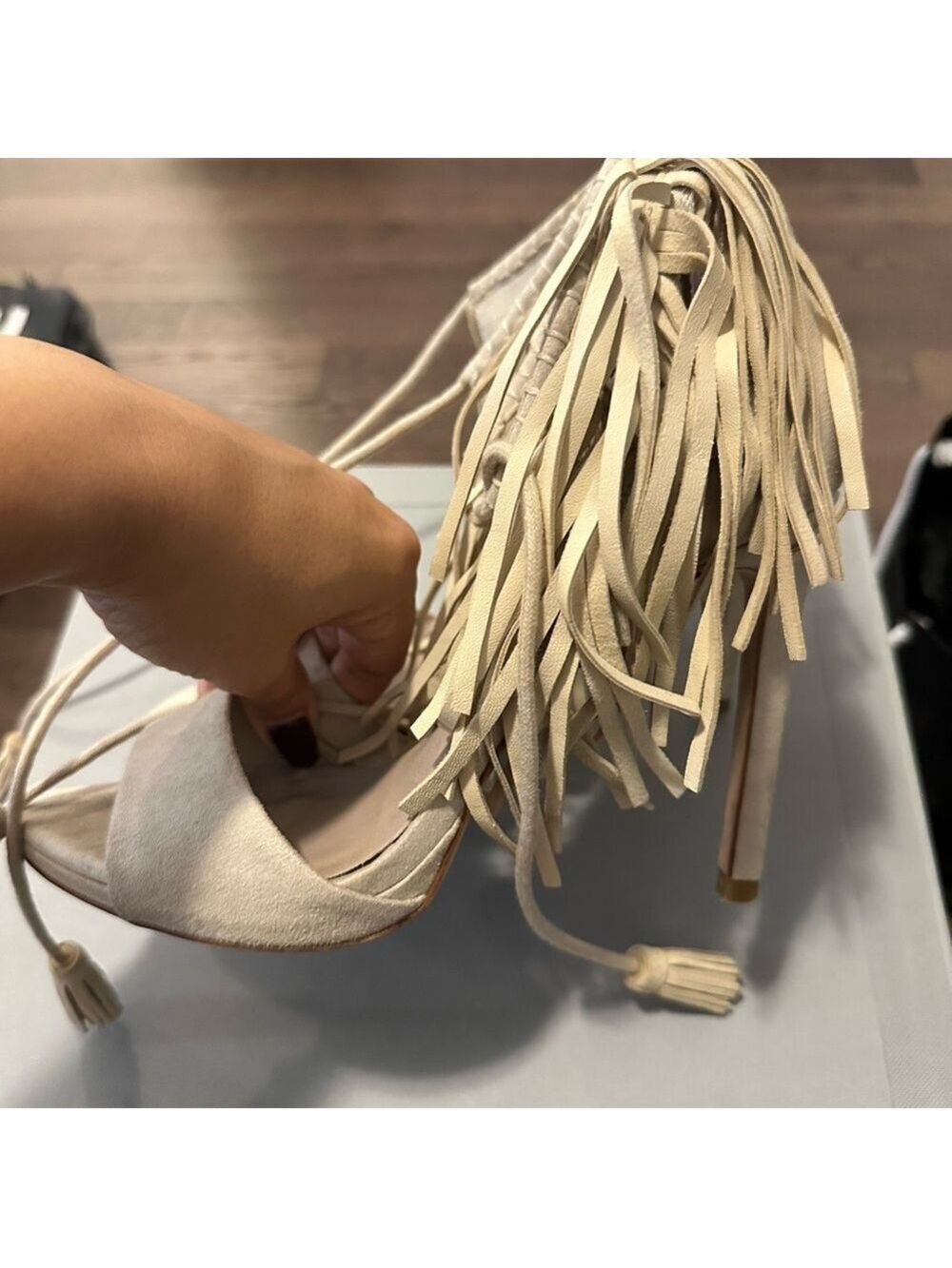 Zara Faux Suede Fringe Tassel Tie High Heel Sandals in Bone/Cream - Picture 14 of 15